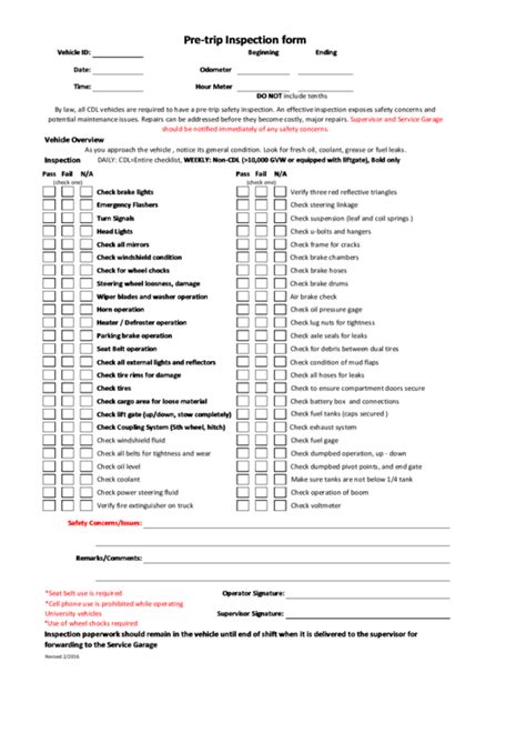 Printable Pre Trip Inspection Form Pdf